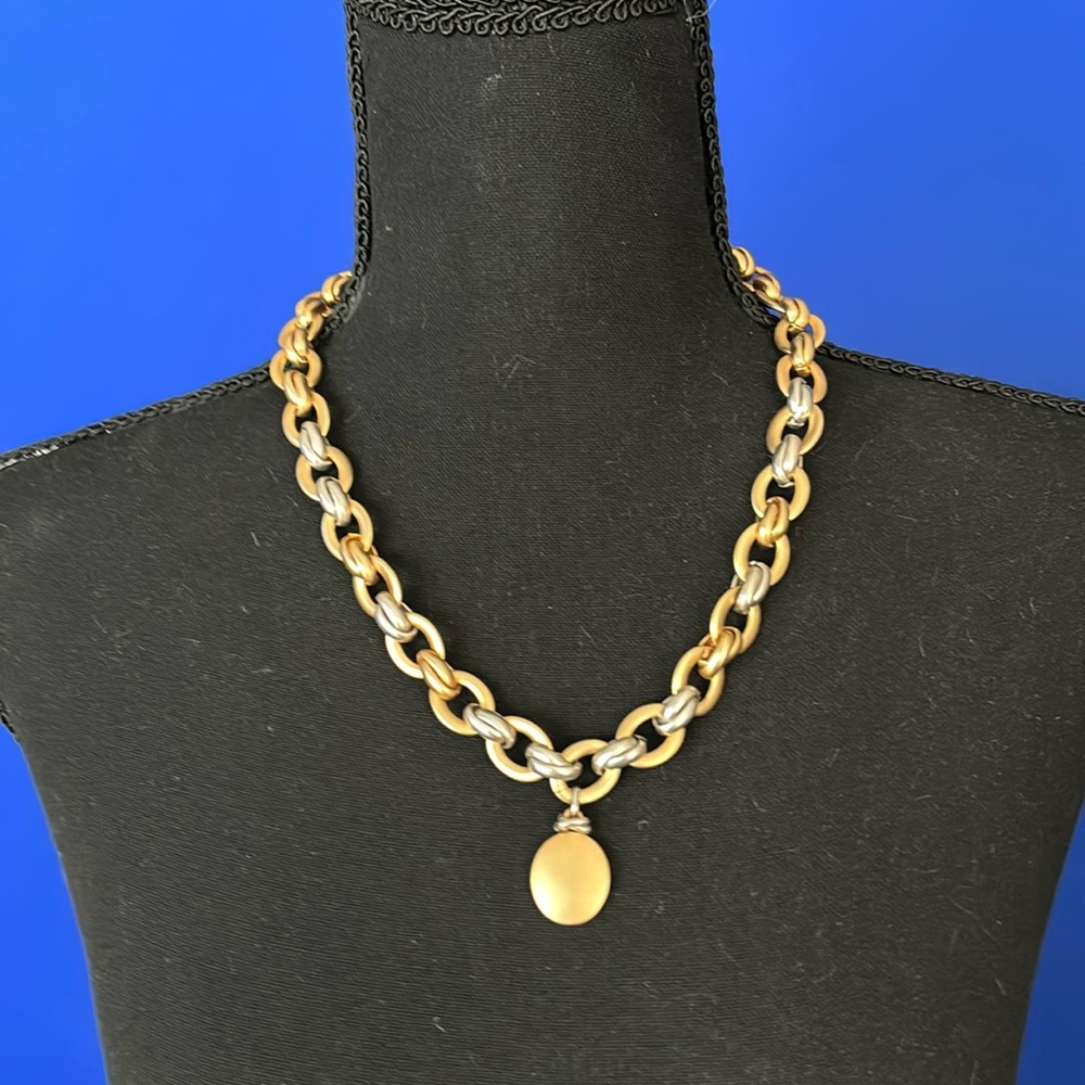Chico’s Soft Brushed Satin Finish Silver and Gold Chain Link Necklace w/Pendant